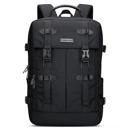WITZMAN black nylon travel backpack for men with USB port and laptop compartment