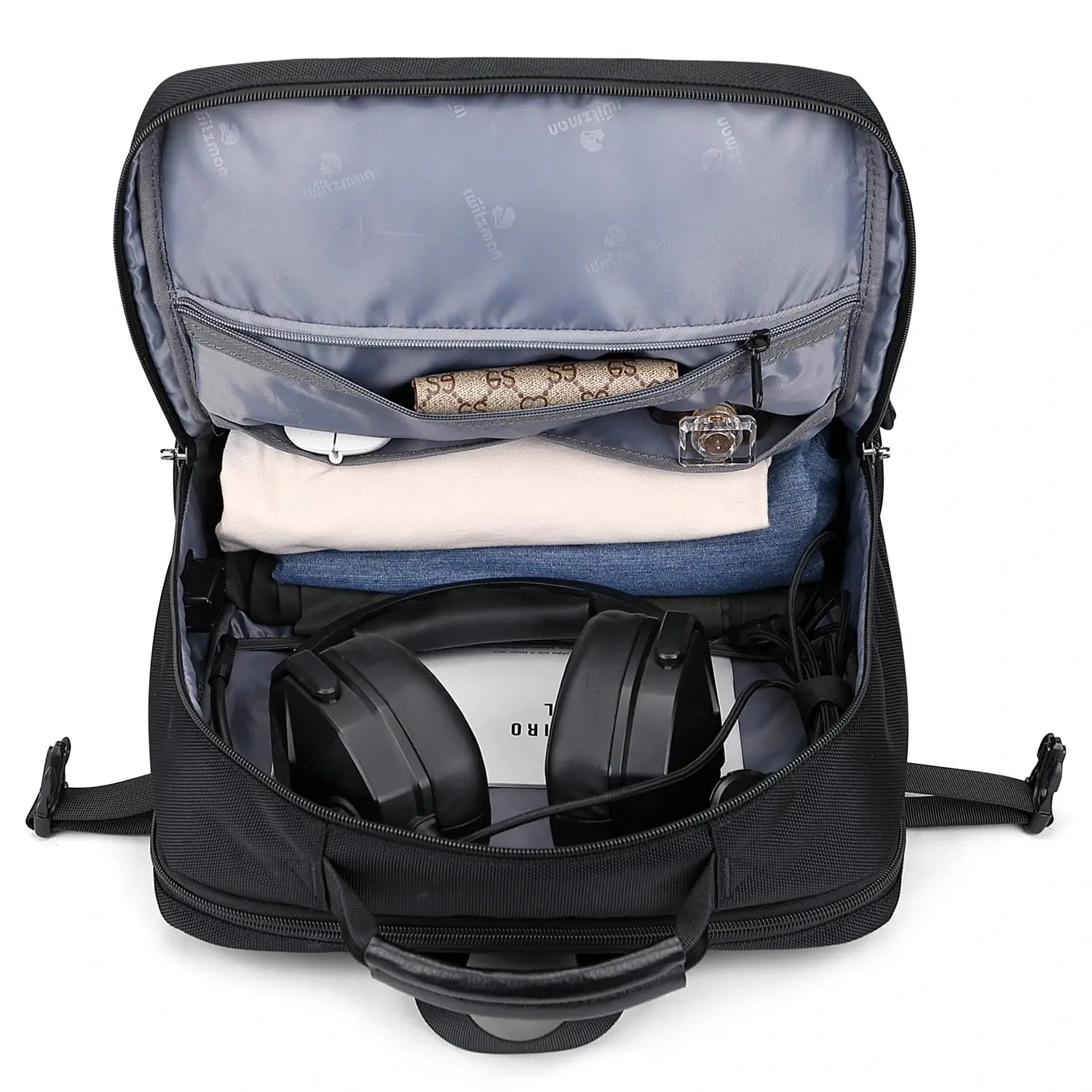 WITZMAN black nylon travel backpack for men with USB port and laptop compartment - black main pocket