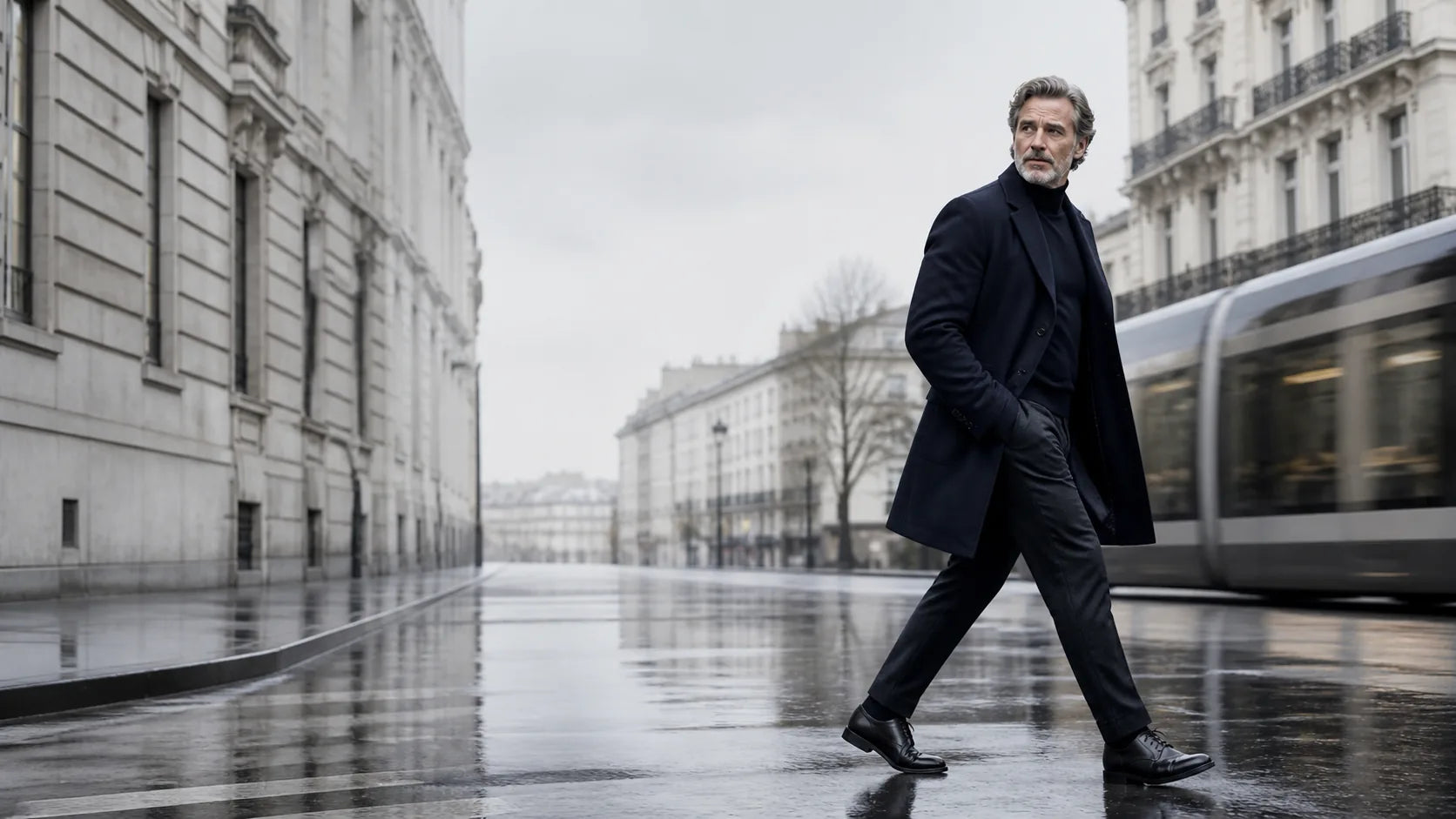 Mature traveler crossing a rain-polished European city street