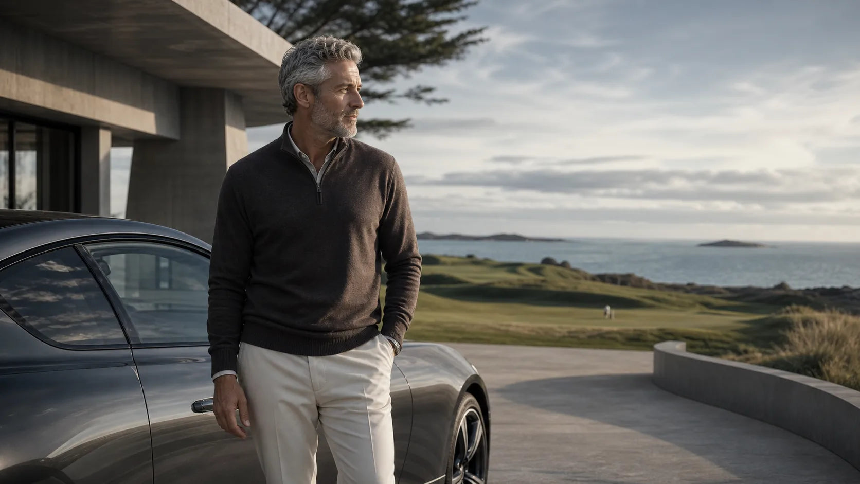 Mature traveler arriving at a coastal golf clubhouse