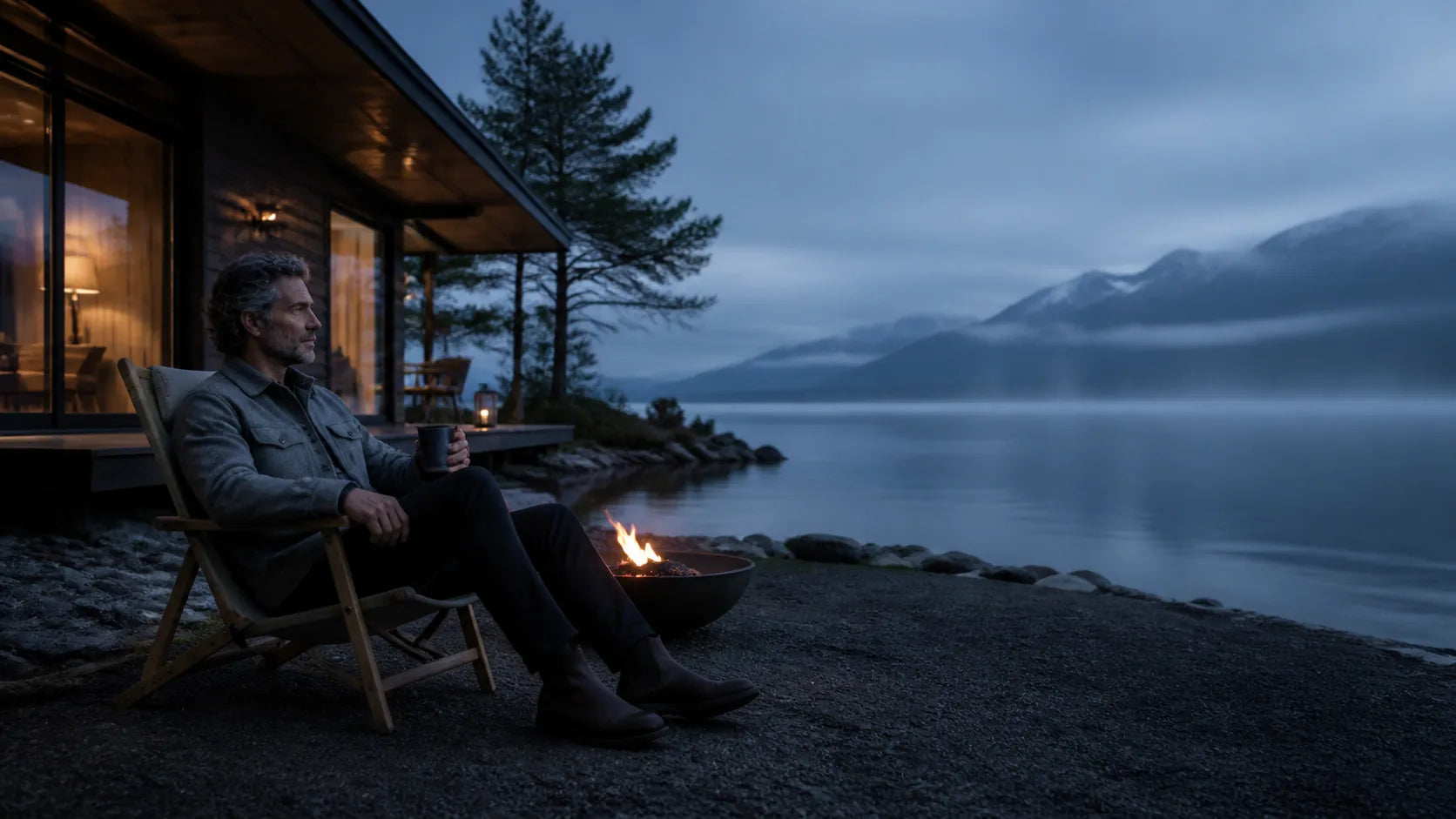 A mature traveler relaxing beside a misty lake and modern cabin